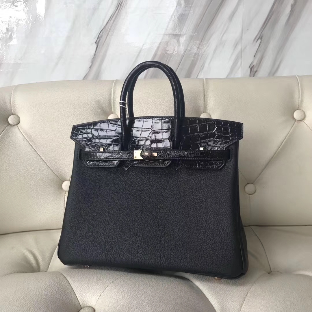 Elegant Hermes CK89 Black Togo Calf &#038; Crocodile Leather Birkin Bag25CM Rose Gold Hardware