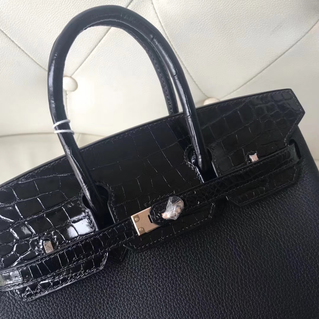 Elegant Hermes CK89 Black Togo Calf &#038; Crocodile Leather Birkin Bag25CM Rose Gold Hardware