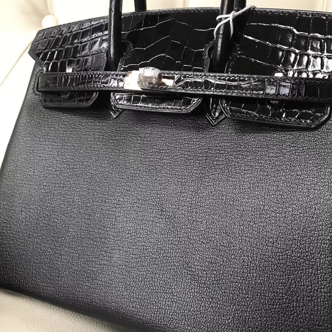Sale Hermes CK89 Black Calf Leather/Crocodile Leather Birkin25CM Handbag Rose Gold Hardware