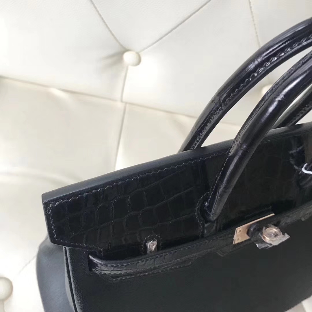 Sale Hermes CK89 Black Calf Leather/Crocodile Leather Birkin25CM Handbag Rose Gold Hardware