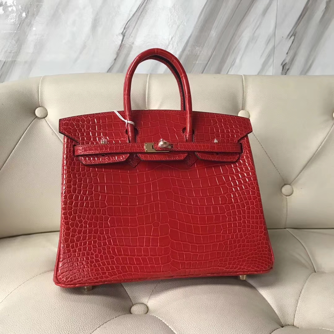 Discount Hermes Shiny Crocodile Leather Birkin25CM Bag in CK95 Braise Gold Hardware