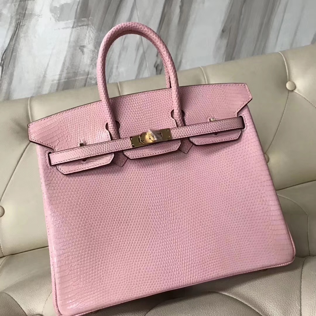 New Arrival Hermes 1Q Rose Confetti Lizard Leather Birkin25CM Bag Gold Hardware