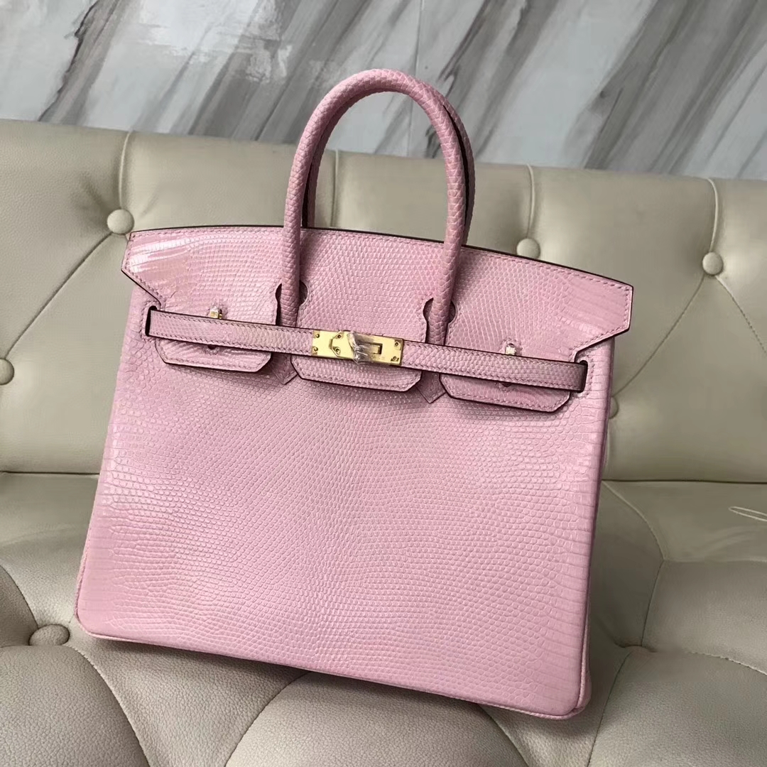 New Arrival Hermes 1Q Rose Confetti Lizard Leather Birkin25CM Bag Gold Hardware