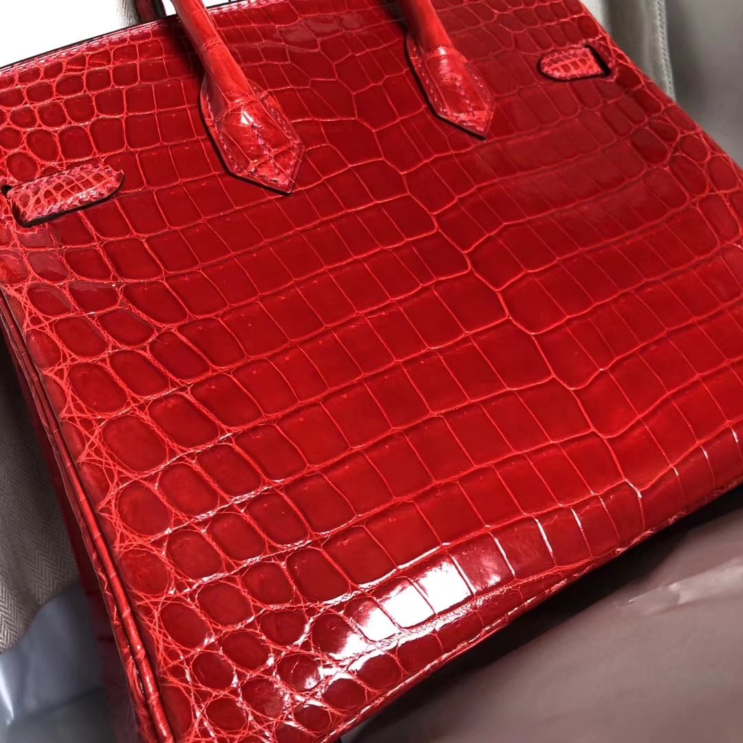 Pretty Hermes CK95 Braise Shiny Crocodile Leather Birkin25CM Bag Silver Hardware