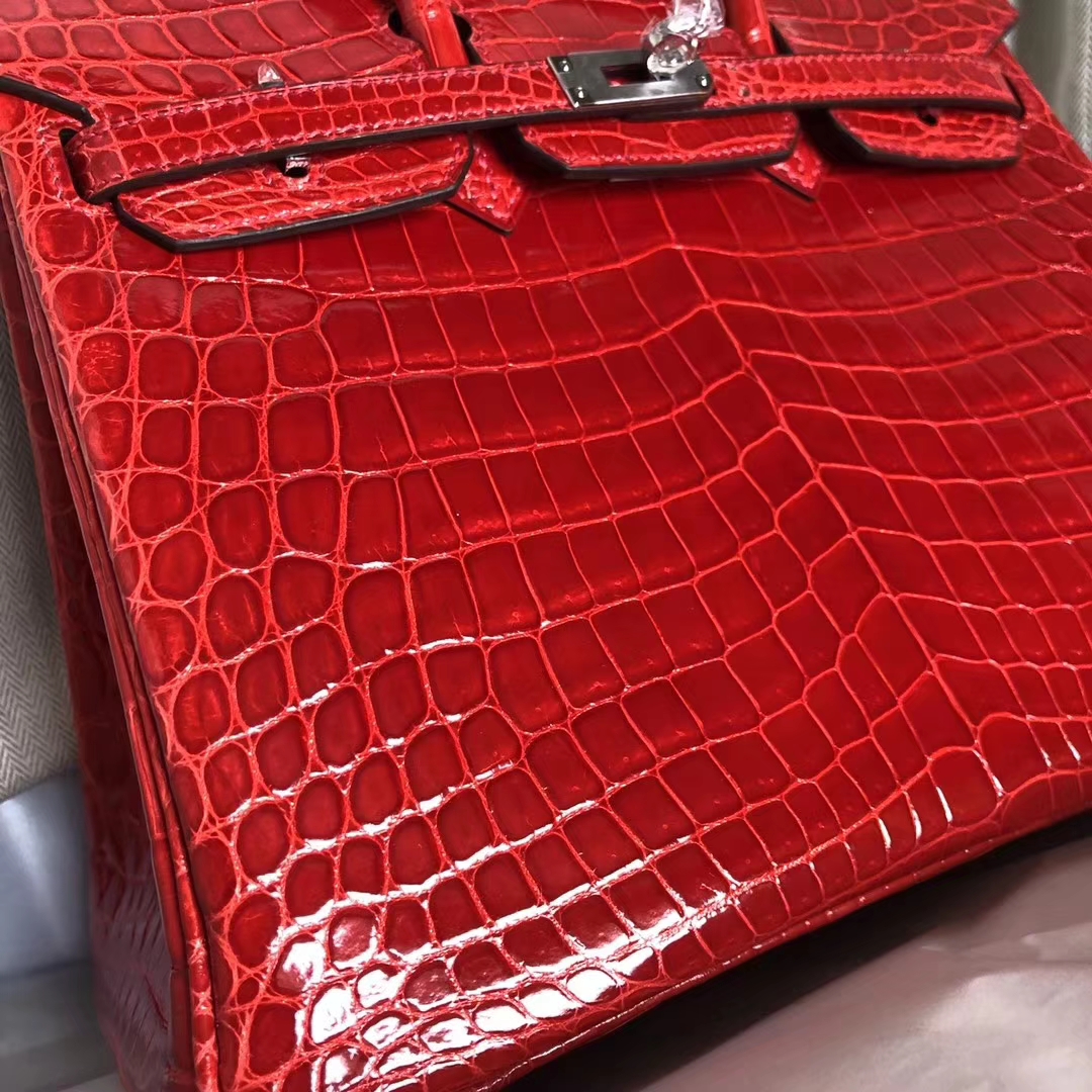 Pretty Hermes CK95 Braise Shiny Crocodile Leather Birkin25CM Bag Silver Hardware