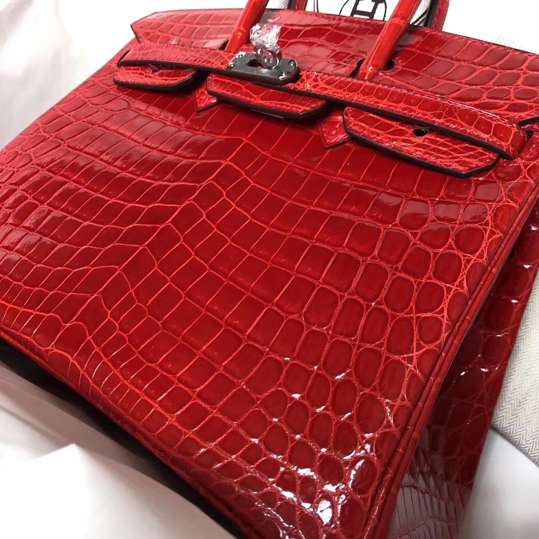 Pretty Hermes CK95 Braise Shiny Crocodile Leather Birkin25CM Bag Silver Hardware