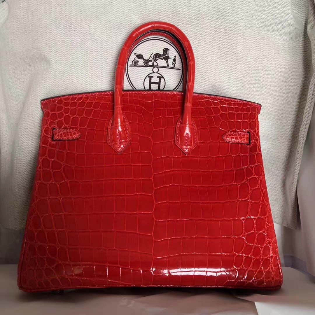 Pretty Hermes CK95 Braise Shiny Crocodile Leather Birkin25CM Bag Silver Hardware