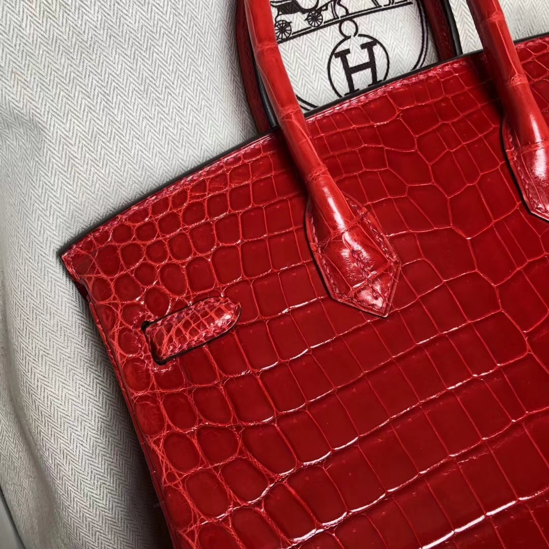 Pretty Hermes CK95 Braise Shiny Crocodile Leather Birkin25CM Bag Silver Hardware