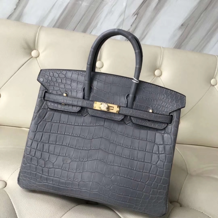 Elegant Hermes Mousse Grey Matt Crocodile Leather Birkin25CM Bag Gold Hardware