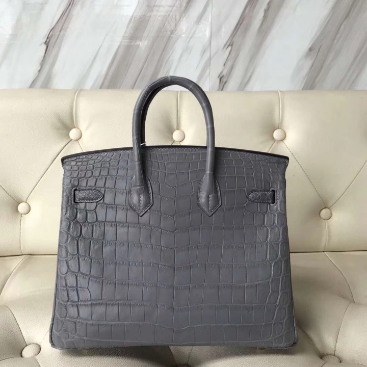 Elegant Hermes Mousse Grey Matt Crocodile Leather Birkin25CM Bag Gold Hardware