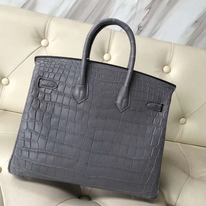 Elegant Hermes Mousse Grey Matt Crocodile Leather Birkin25CM Bag Gold Hardware