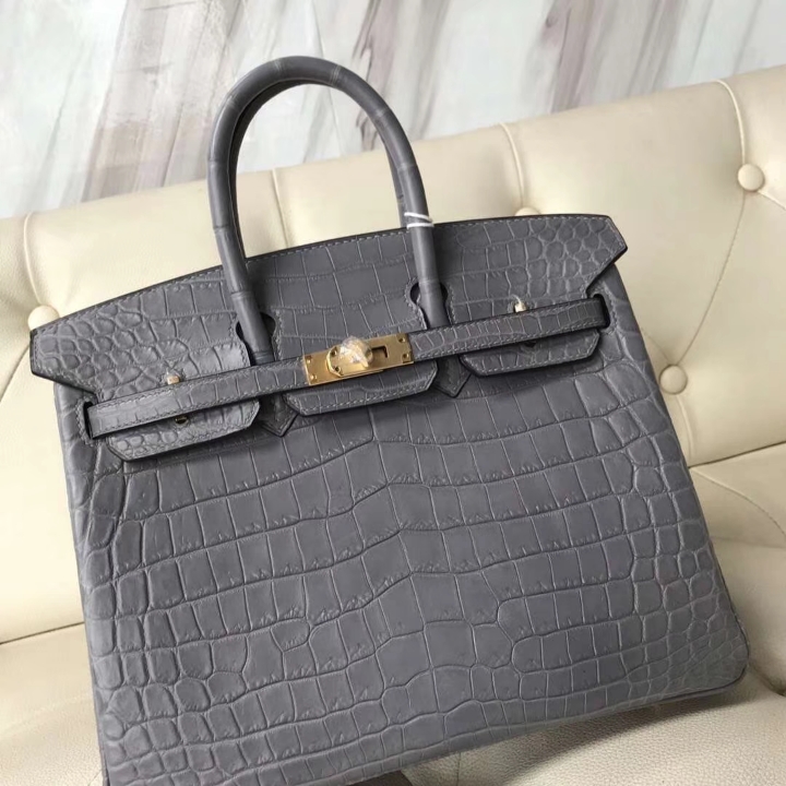 Elegant Hermes Mousse Grey Matt Crocodile Leather Birkin25CM Bag Gold Hardware