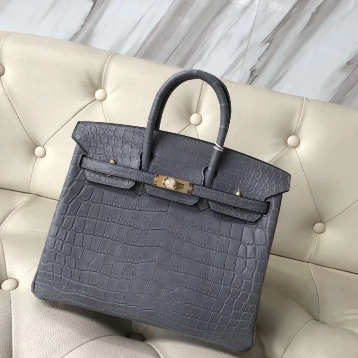 Elegant Hermes Mousse Grey Matt Crocodile Leather Birkin25CM Bag Gold Hardware