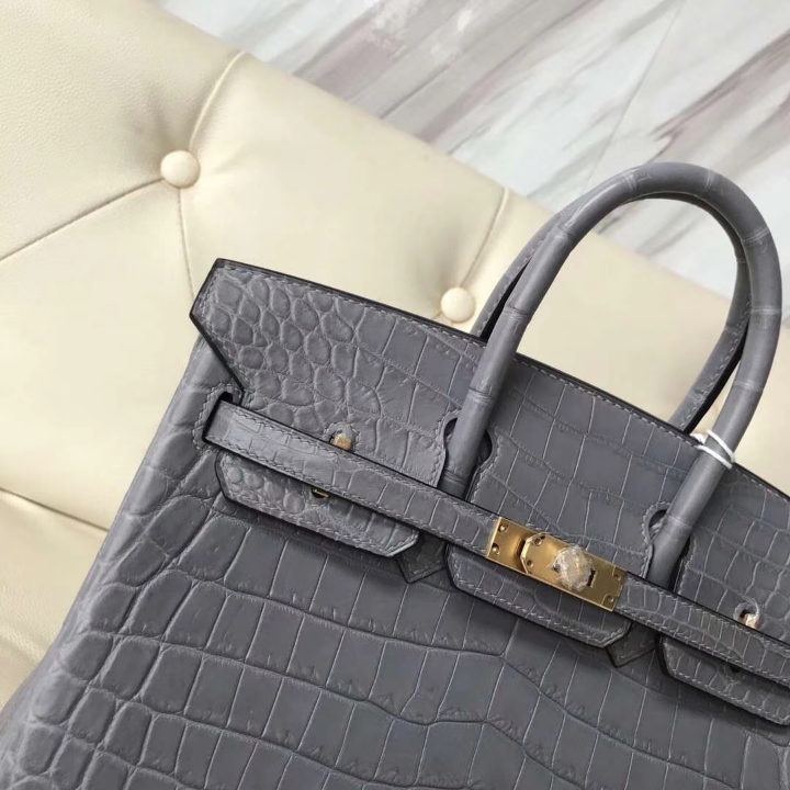 Elegant Hermes Mousse Grey Matt Crocodile Leather Birkin25CM Bag Gold Hardware