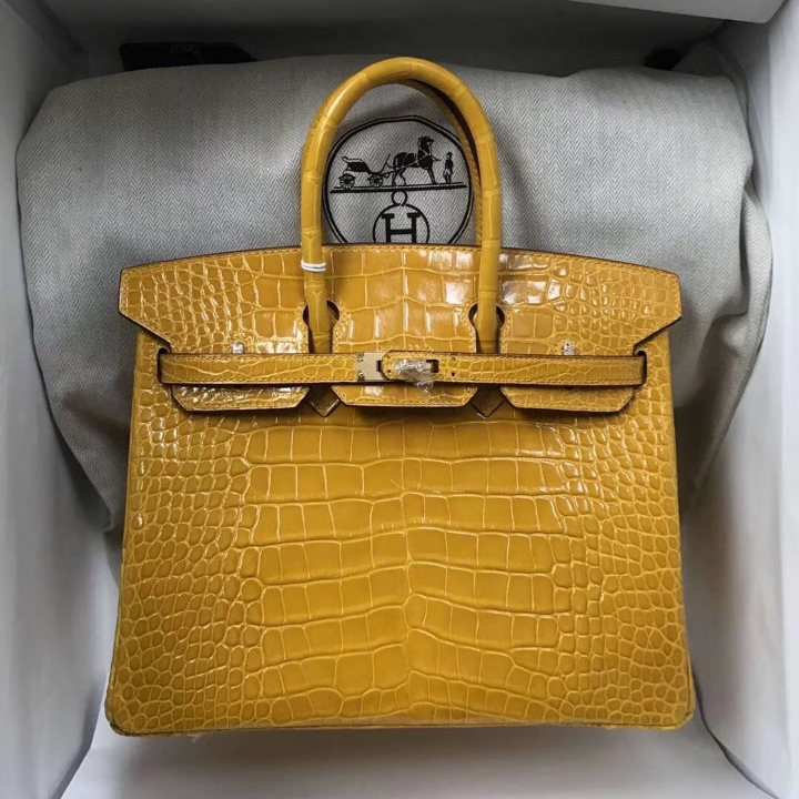 Hermes 9D Ambre Yellow Alligator Shiny Crocodile Birkin Bag 25CM Gold Hardware