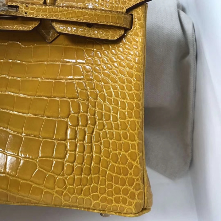 Luxury Hermes 9D Ambre Yellow Alligator Shiny Crocodile Birkin Bag25CM Gold Hardware