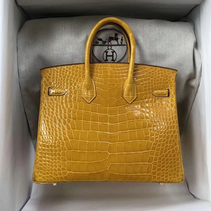 Luxury Hermes 9D Ambre Yellow Alligator Shiny Crocodile Birkin Bag25CM Gold Hardware