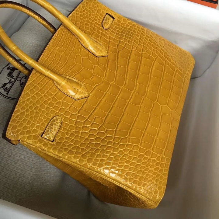 Luxury Hermes 9D Ambre Yellow Alligator Shiny Crocodile Birkin Bag25CM Gold Hardware
