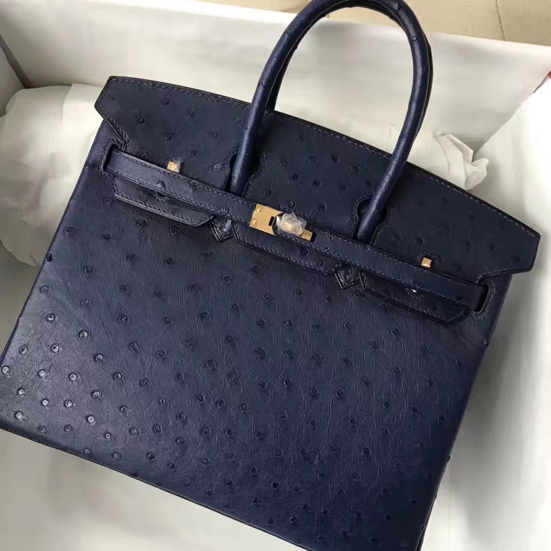Wholesale Hermes Ostrich Leather Birkin25CM Bag in Dark Blue Gold Hardware