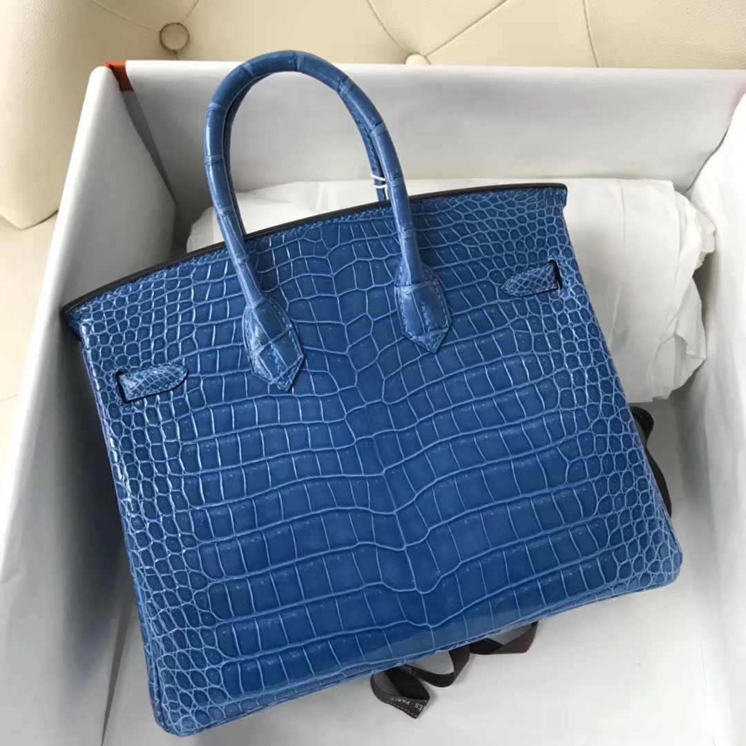 Luxury Hermes 7Q Mykonos Blue Shiny Crocodile Birkin Bag25CM Gold Hardware