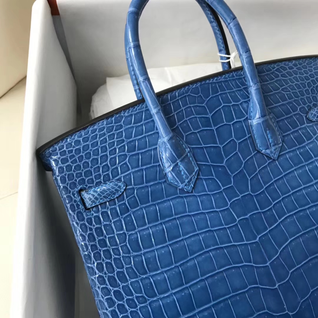 Luxury Hermes 7Q Mykonos Blue Shiny Crocodile Birkin Bag25CM Gold Hardware