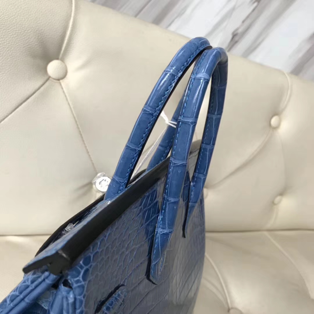 Luxury Hermes 7Q Mykonos Blue Shiny Crocodile Birkin Bag25CM Gold Hardware