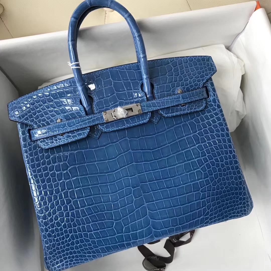 Luxury Hermes 7Q Mykonos Blue Shiny Crocodile Birkin Bag25CM Gold Hardware