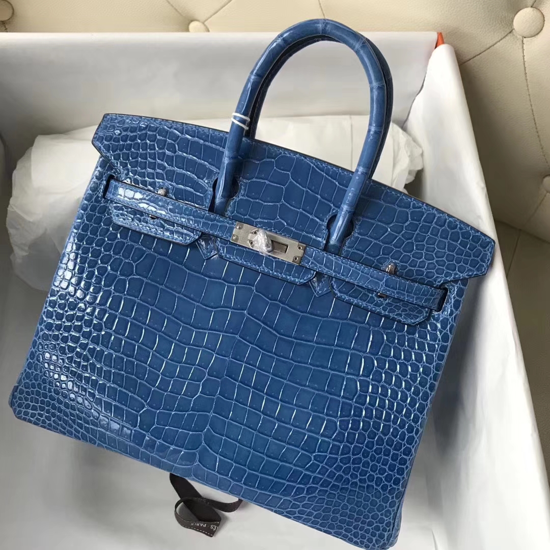 Luxury Hermes 7Q Mykonos Blue Shiny Crocodile Birkin Bag25CM Gold Hardware