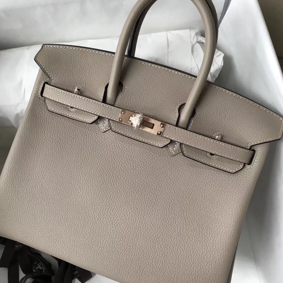 Sale Hermes Togo Calf Birkin25CM Bag in CK81 Gris Tourterelle Rose Gold Hardware