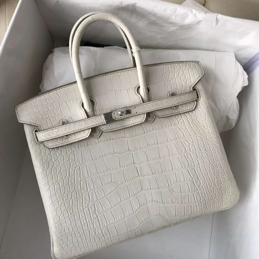 Discount Hermes Matt Crocodile Birkin25CM in 8L Beton White Silver Hardware