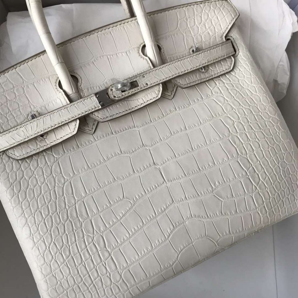 Discount Hermes Matt Crocodile Birkin25CM in 8L Beton White Silver Hardware