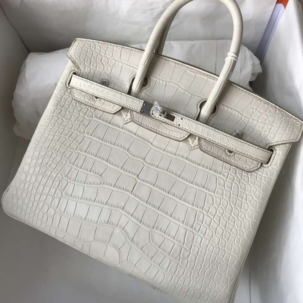 Discount Hermes Matt Crocodile Birkin25CM in 8L Beton White Silver Hardware