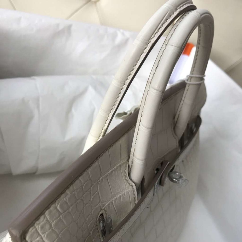 Discount Hermes Matt Crocodile Birkin25CM in 8L Beton White Silver Hardware