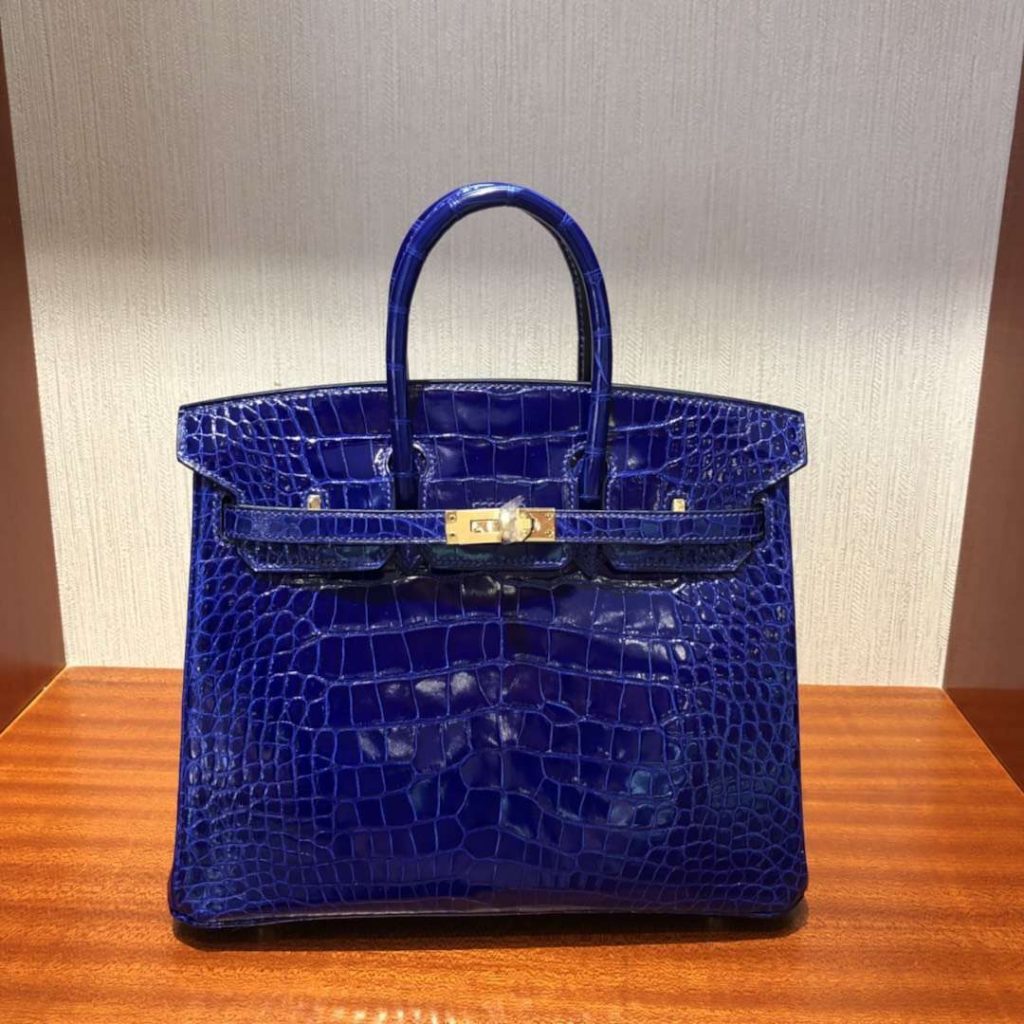 Luxury Hermes 7T Blue Electric Shiny Crocodile Birkin25CM Gold Hardware