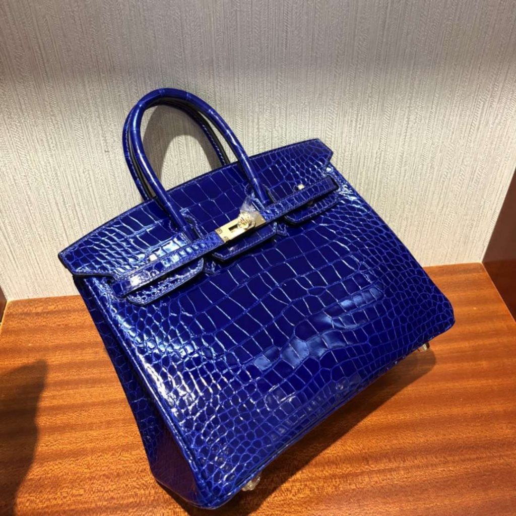 Luxury Hermes 7T Blue Electric Shiny Crocodile Birkin25CM Gold Hardware