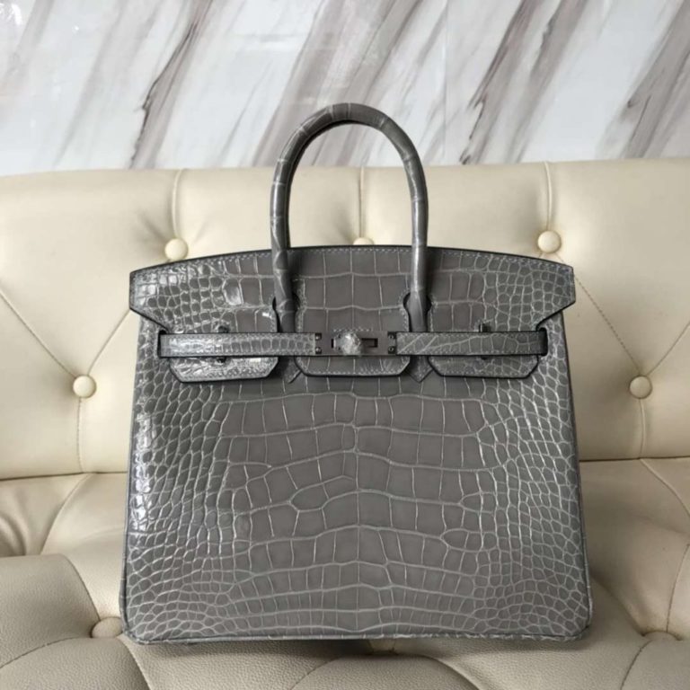 Hermes 8U Blue Glacier Shiny Crocodile Birkin 25CM Handbag Silver Hardware