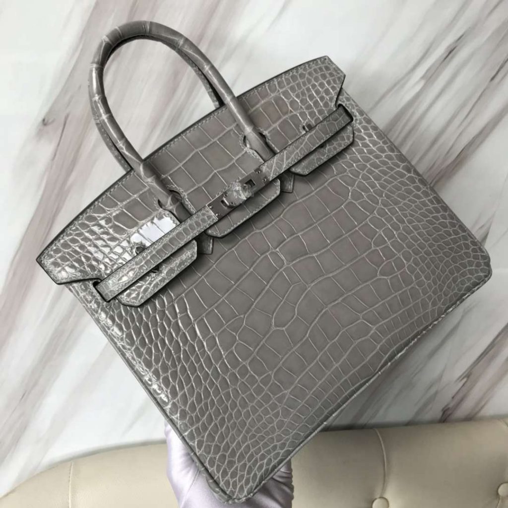 Noble Hermes 8U Blue Glacier Shiny Crocodile Birkin25CM Handbag Silver Hardware