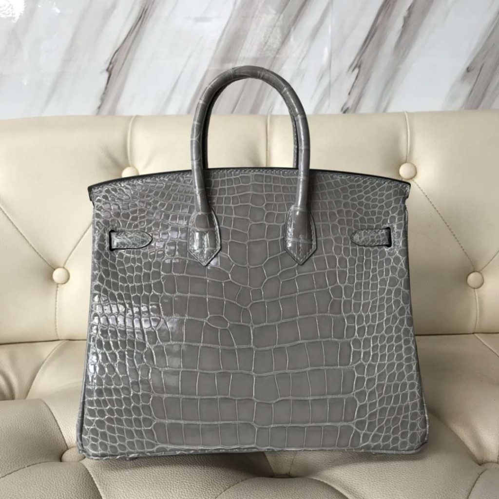Noble Hermes 8U Blue Glacier Shiny Crocodile Birkin25CM Handbag Silver Hardware