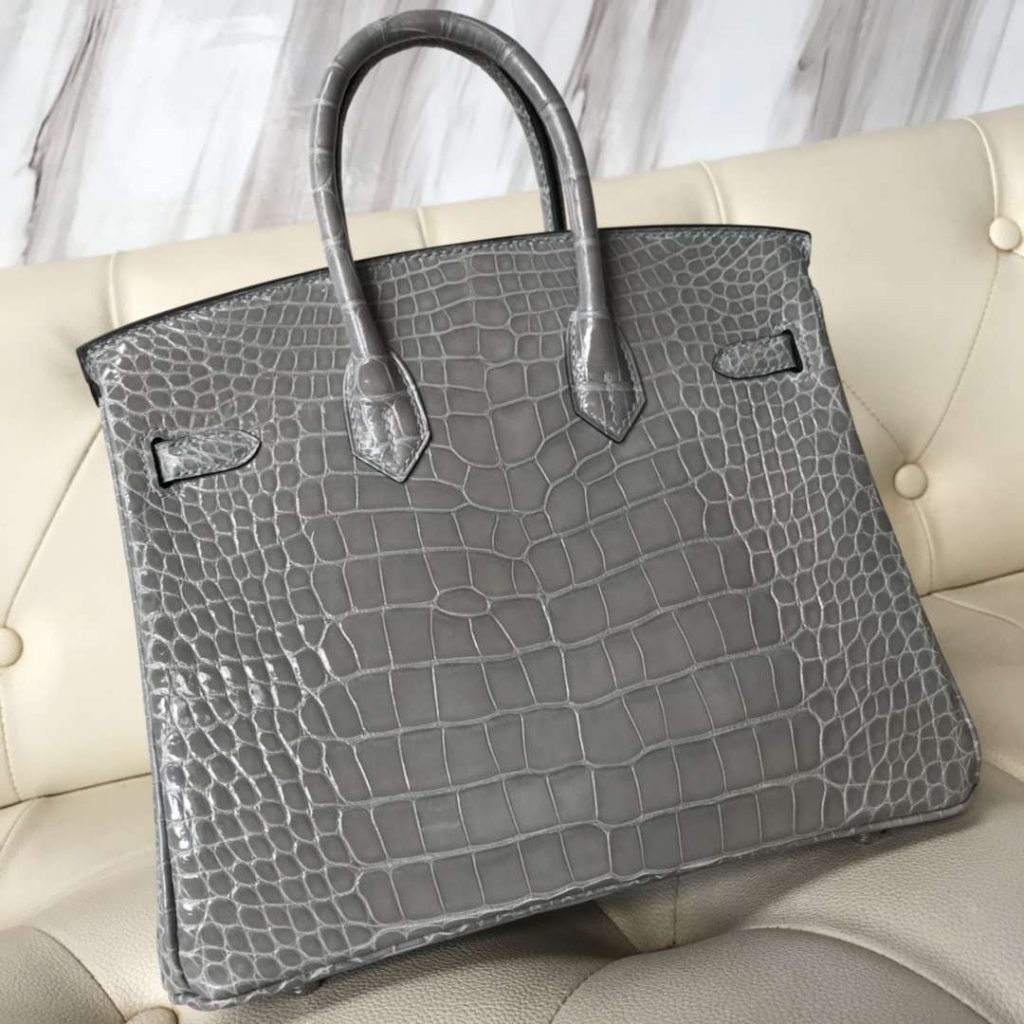 Noble Hermes 8U Blue Glacier Shiny Crocodile Birkin25CM Handbag Silver Hardware