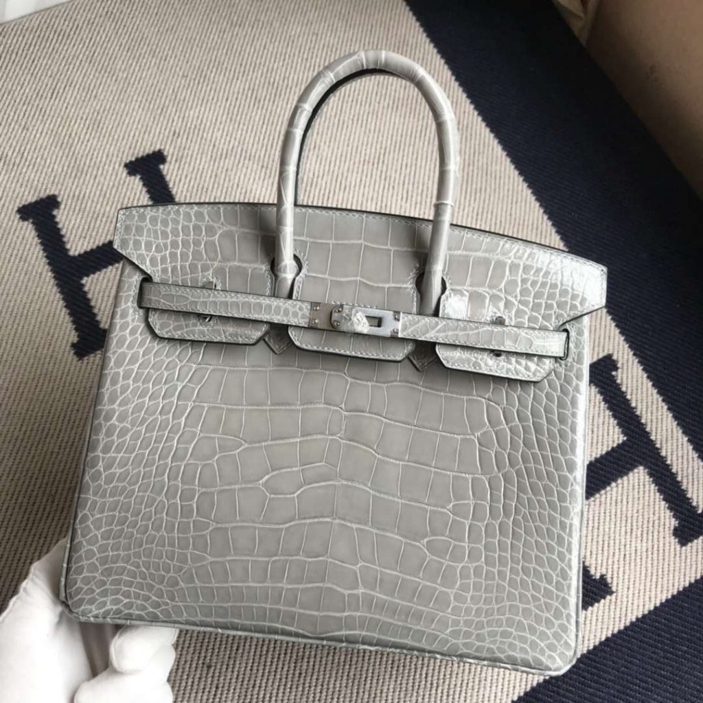 Noble Hermes 8U Blue Glacier Shiny Crocodile Birkin25CM Handbag Silver Hardware