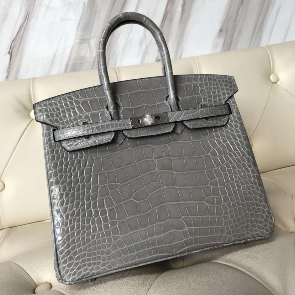 Noble Hermes 8U Blue Glacier Shiny Crocodile Birkin25CM Handbag Silver Hardware