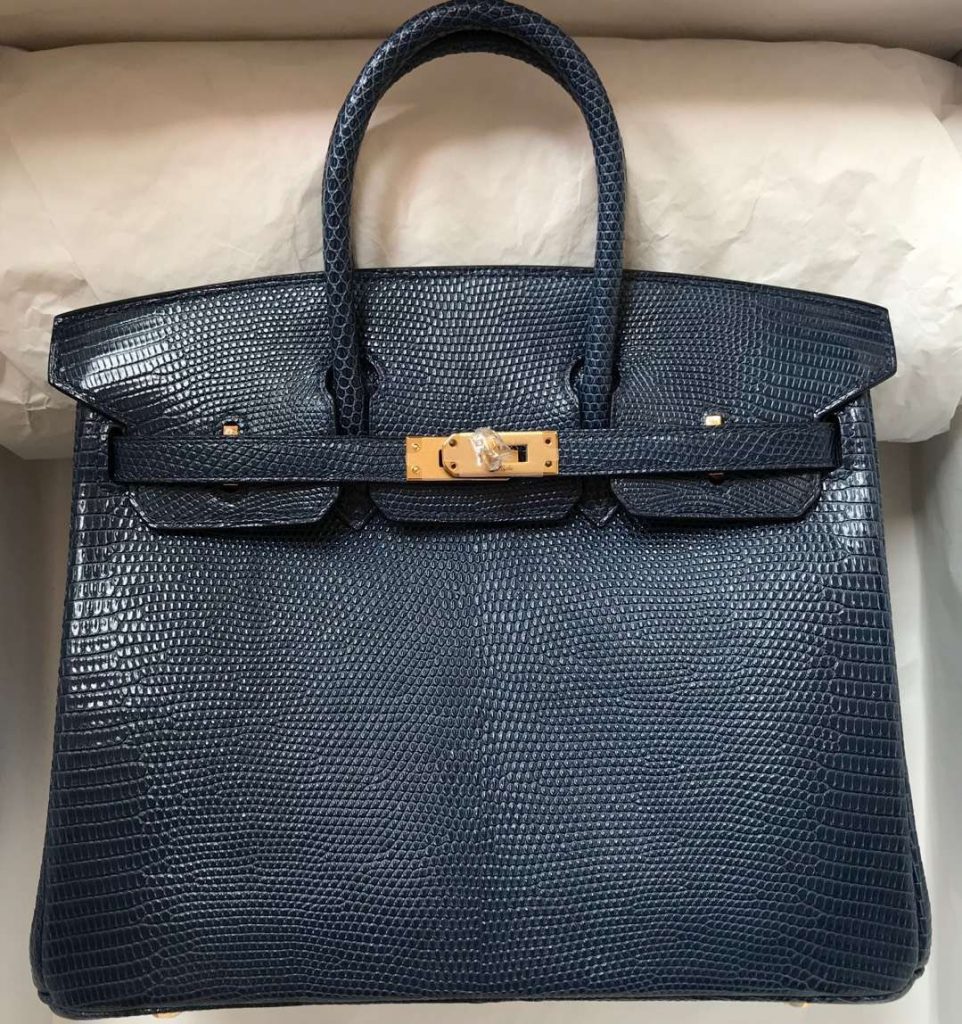 Hand Stitching Hermes CK73 Blue Saphir Lizard Leather Birkin25CM Tote Bag Gold Hardware