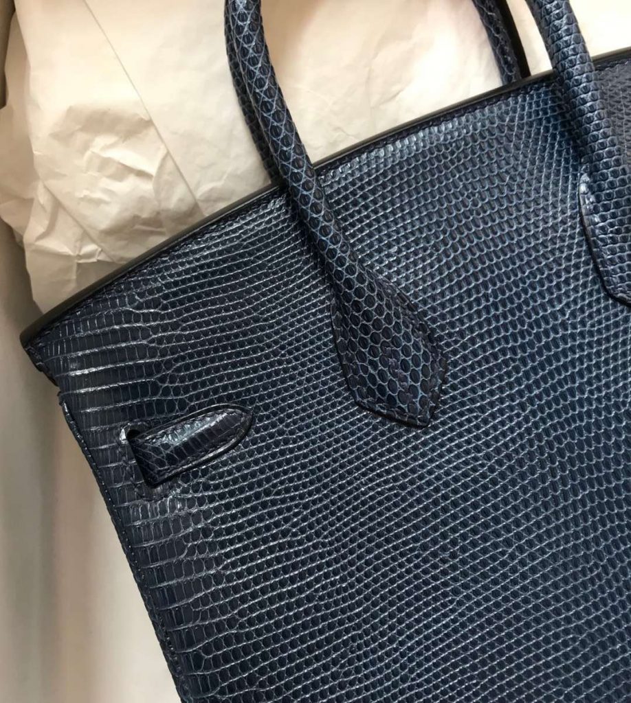 Hand Stitching Hermes CK73 Blue Saphir Lizard Leather Birkin25CM Tote Bag Gold Hardware
