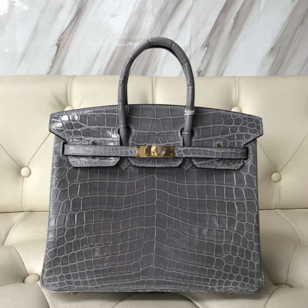 Fashion Hermes 4Z Gris Mouette Shiny Crocodile Birkin25CM Handbag Gold Hardware