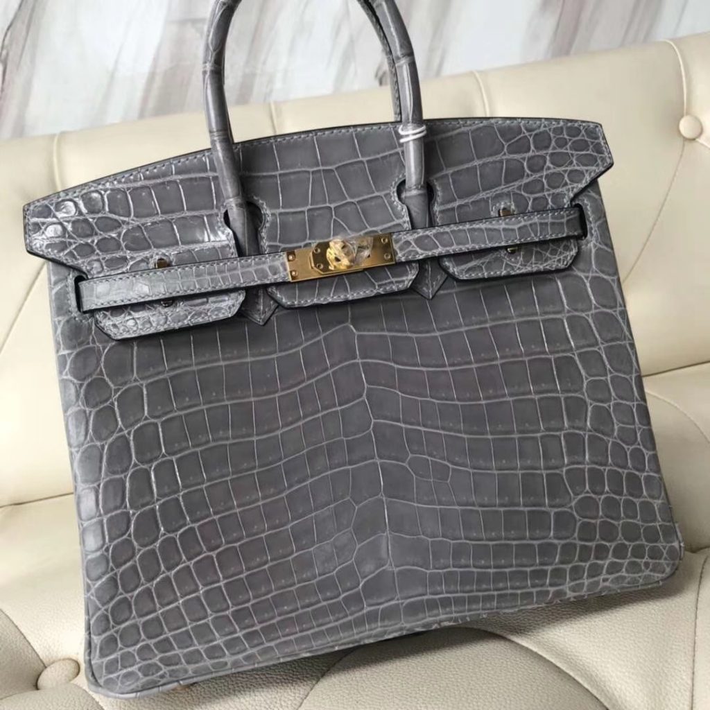 Fashion Hermes 4Z Gris Mouette Shiny Crocodile Birkin25CM Handbag Gold Hardware