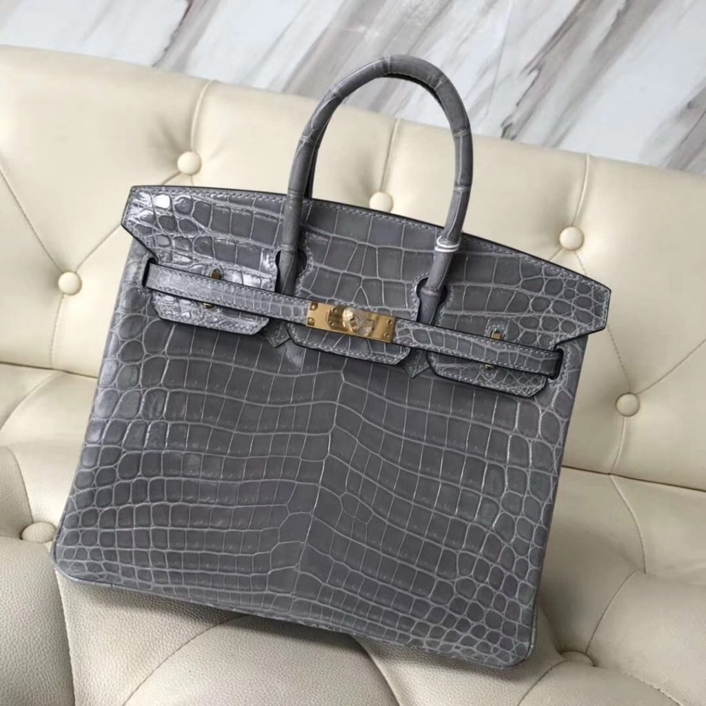 Fashion Hermes 4Z Gris Mouette Shiny Crocodile Birkin25CM Handbag Gold Hardware