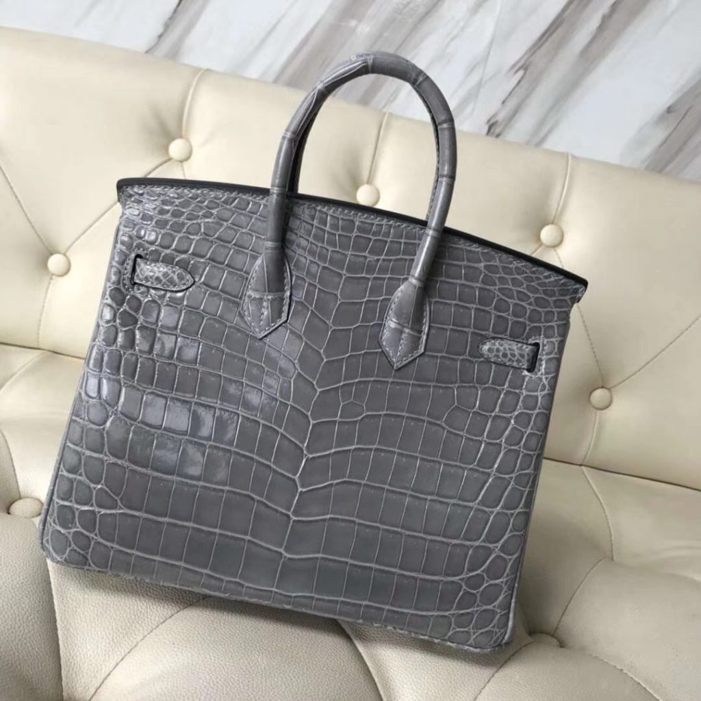 Fashion Hermes 4Z Gris Mouette Shiny Crocodile Birkin25CM Handbag Gold Hardware