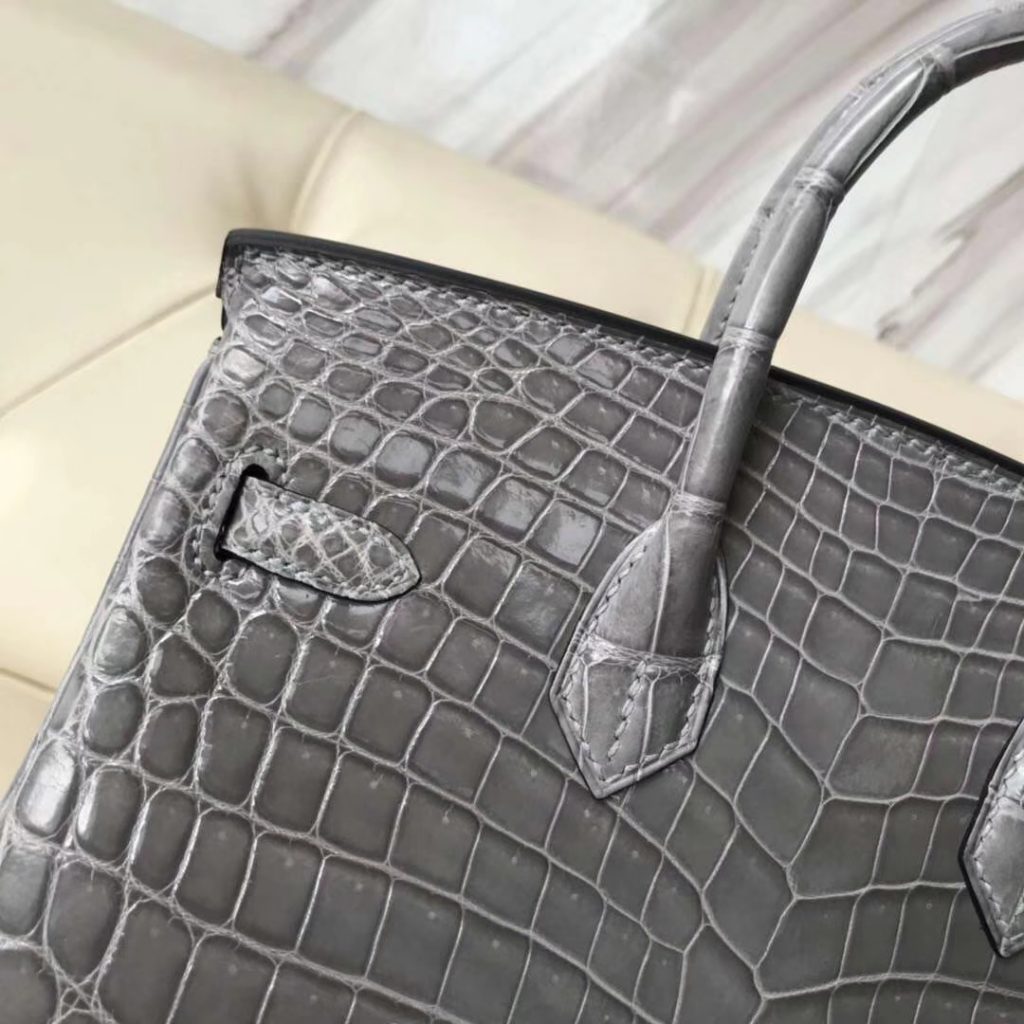 Fashion Hermes 4Z Gris Mouette Shiny Crocodile Birkin25CM Handbag Gold Hardware