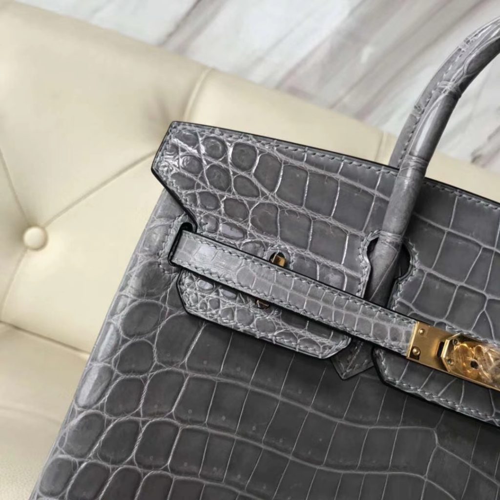 Fashion Hermes 4Z Gris Mouette Shiny Crocodile Birkin25CM Handbag Gold Hardware