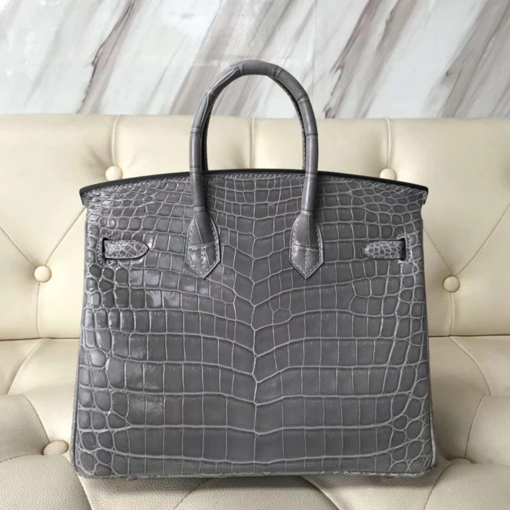 Fashion Hermes 4Z Gris Mouette Shiny Crocodile Birkin25CM Handbag Gold Hardware